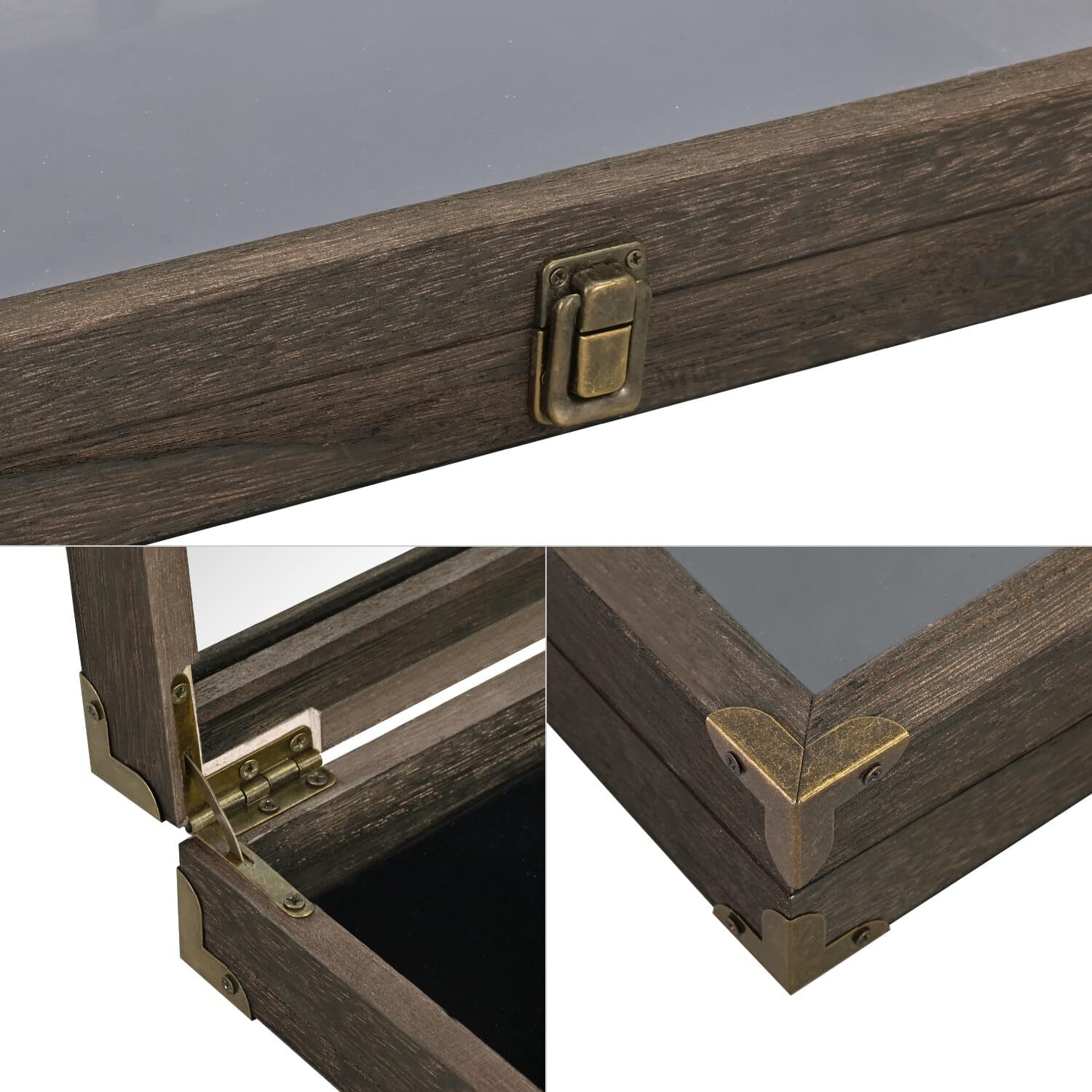 Wooden knife display case, tempered glass, black velvet mat, metal hinges, brown