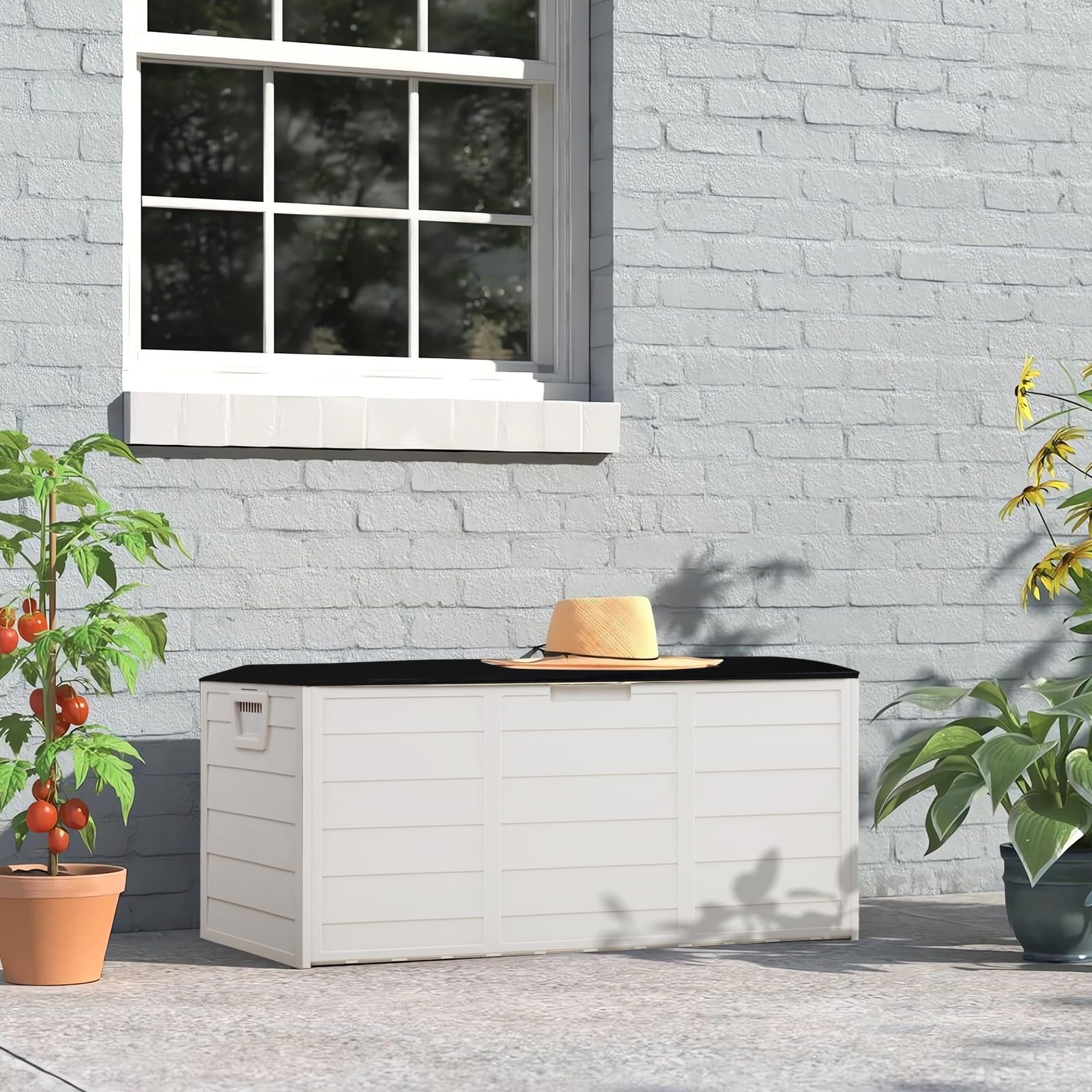 75 Gallon Resin Outdoor Deck Box, 75 Gallon Patio Storage Box with Side Handl...