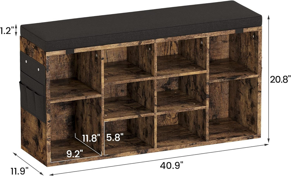 Rustic Shoe Storage Bench with Cushion & 10 Cubbies for Entryway, 41