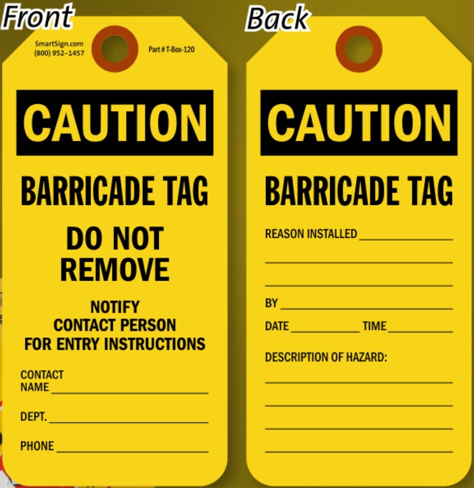 PLASTIC 3" X 6¼”, YELLOW CAUTION BARRICADE TAG DO NOT REMOVE 25 PACK
