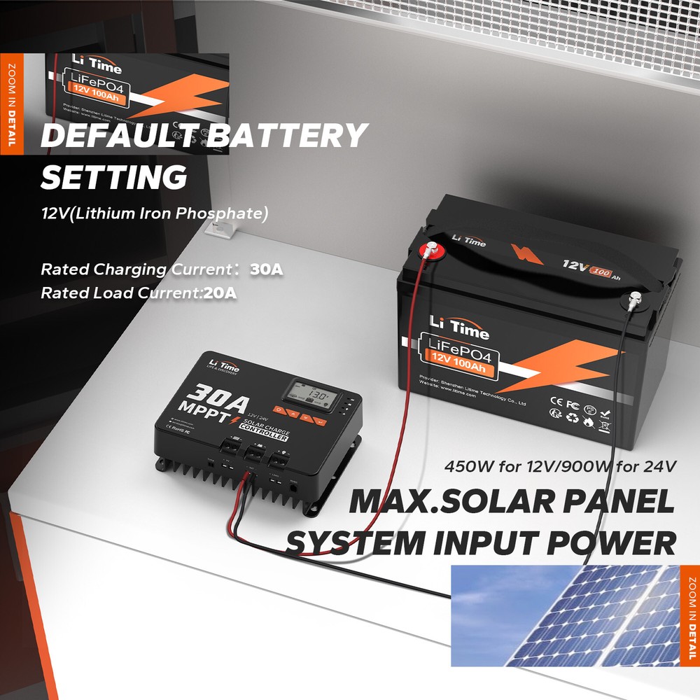 LiTime 30A MPPT 12V/24V Auto DC Input Solar Charge Controller with Bluetooth