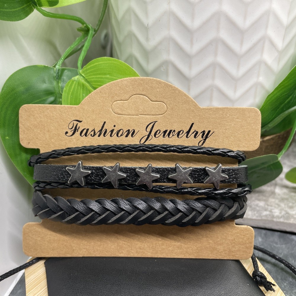 2 PC Leather Bracelet Set Stackable Adjustable Tie New Free Ship B7506