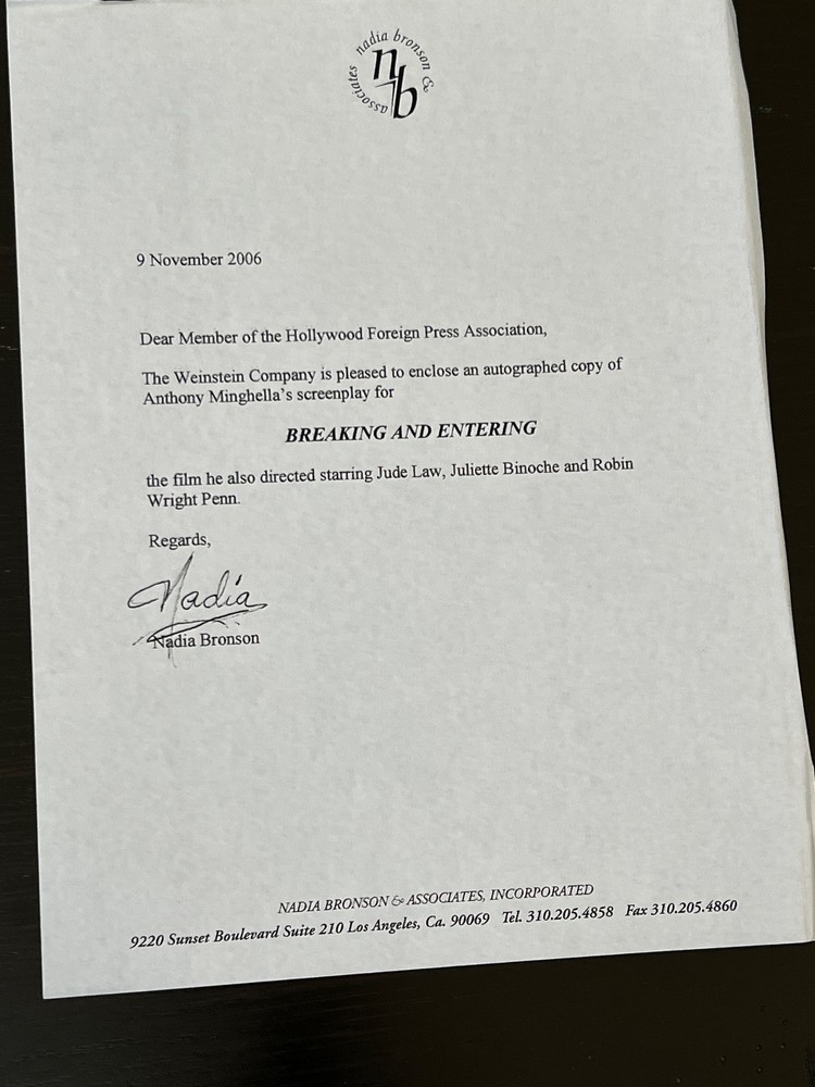 SIGNED SCRIPT "BREAKING AND ENTERING" AUTOGRAPHED BY SCREENWRITER/DIRECTOR