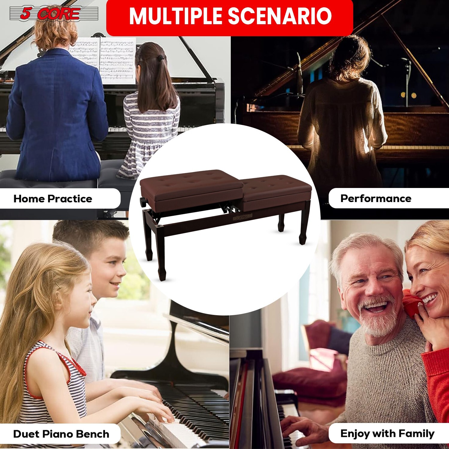 5Core Professional Double Duet Piano Bench Soft Padded Seat Wood Chair w/Storage
