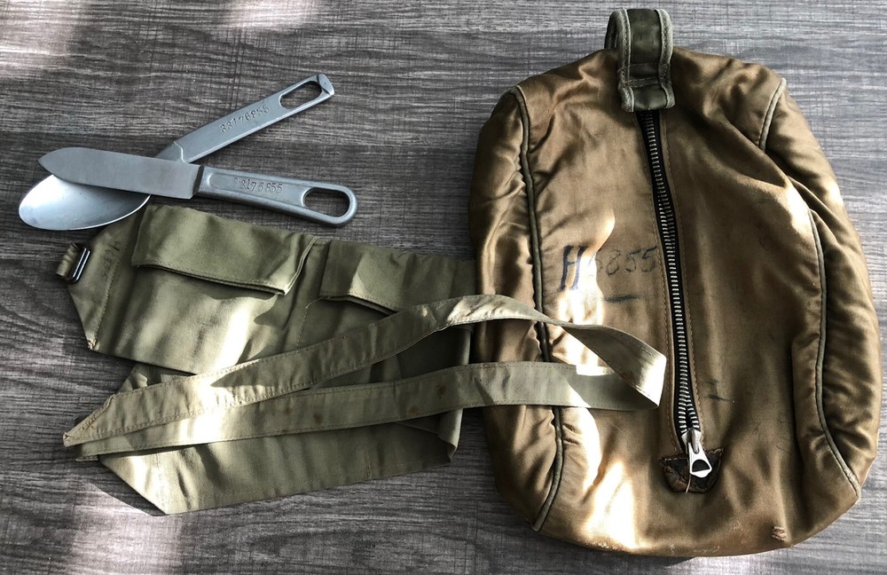 WWII US MONEY BELT, PERSONEL DITTY BAG AND FORK AND SPOON