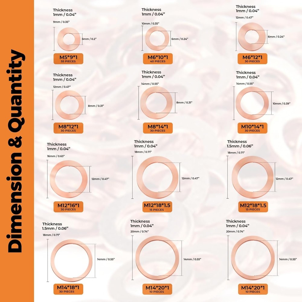 Essential Copper Washers Assortment Kit - 325 Pieces for Professional & Home Use