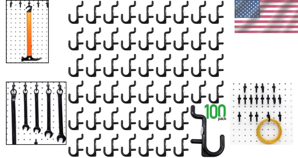 100PK Black Pegboard Hooks - Durable Metal with Rounded Tips for Safe Storage