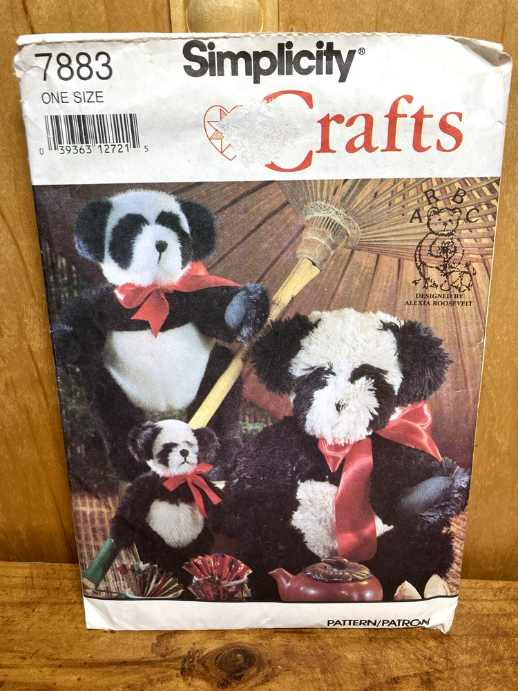 Simplicity Sewing Pattern, 7883, Stuffed Panda Bears In 3 Sizes, Uncut