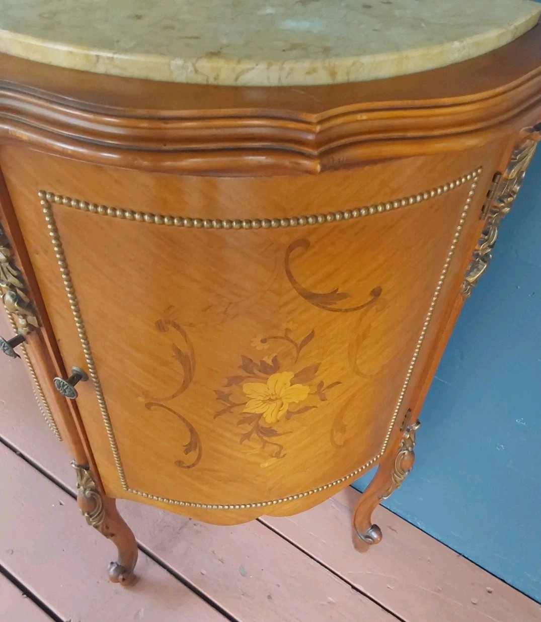 Vintage French Demilune Inlayed Wood End Tables w/Marble Tops 30 Tall X 23" Wide