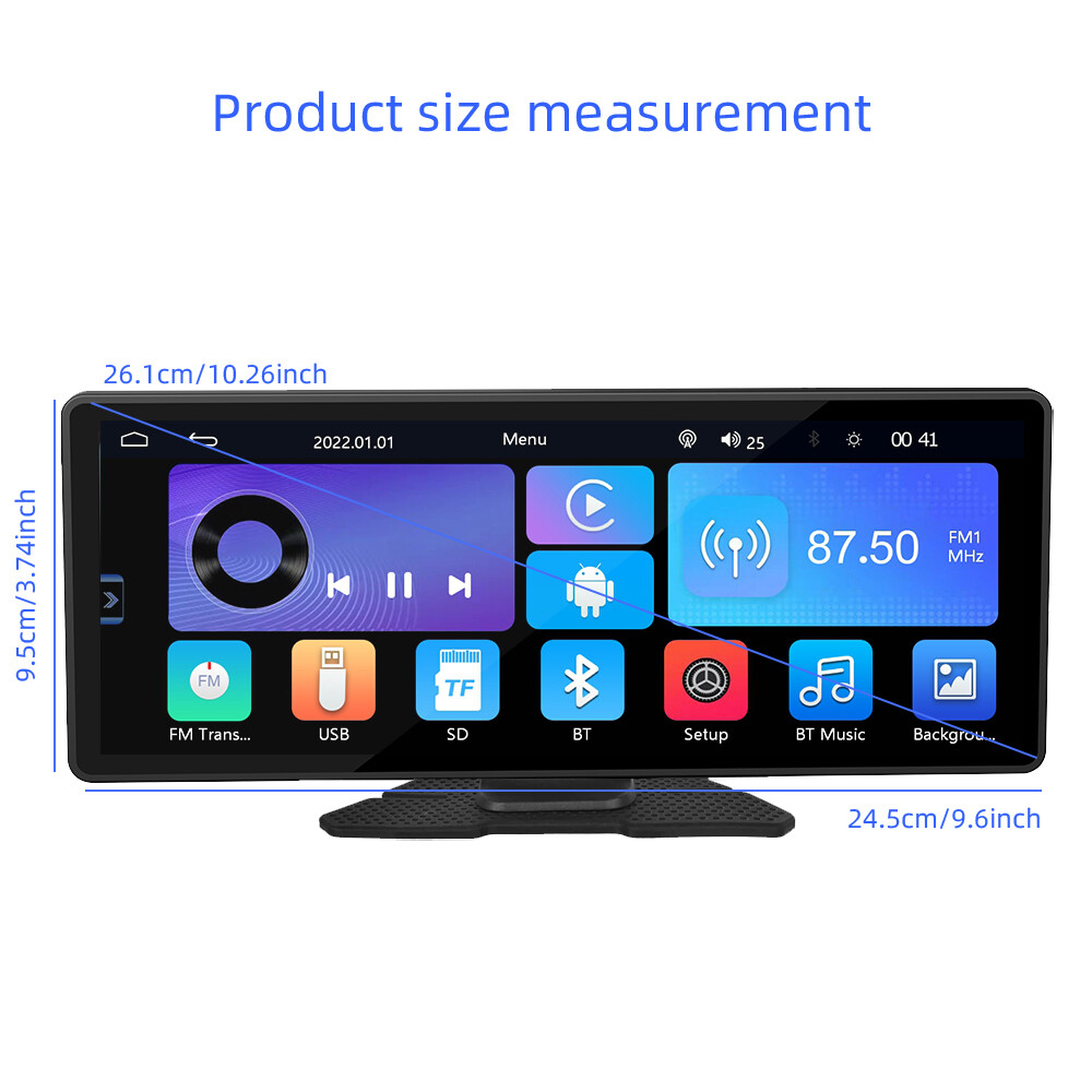 10.26" Portable Car Stereo Wireless IOS CarPlay/Android Bluetooth Touch Screen