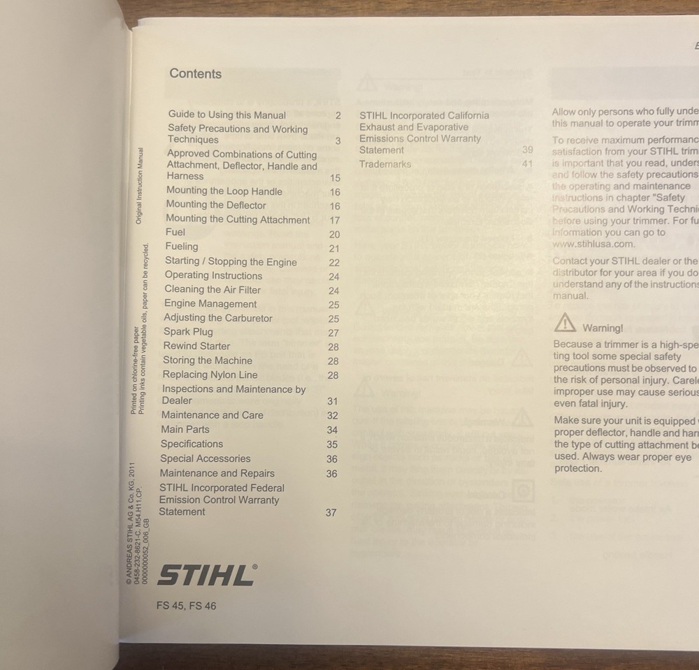 STIHL FS45 FS46 String Trimmer Owners Operators Manual Oem
