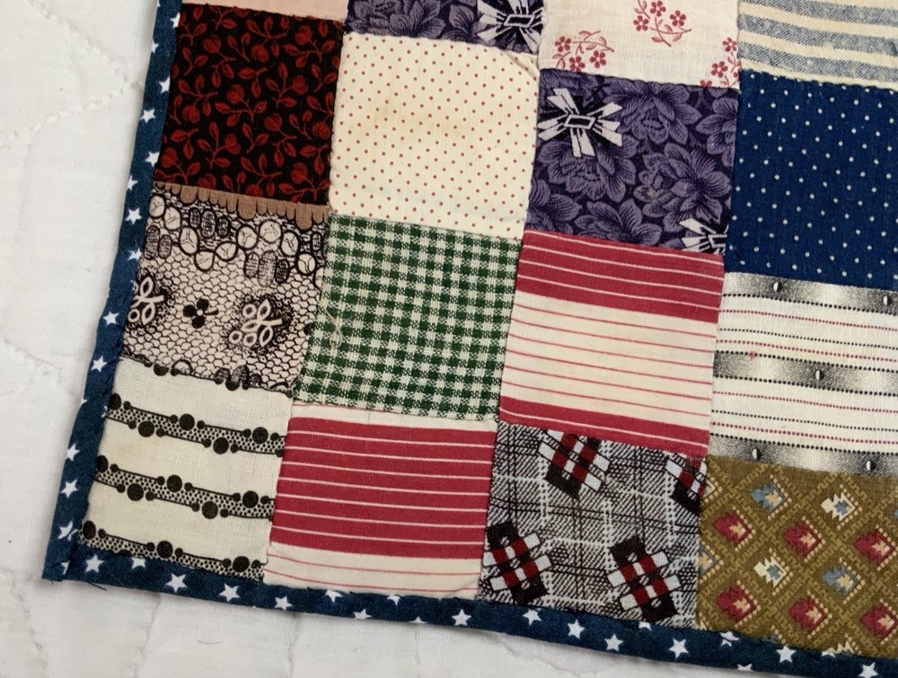 Antique Patchwork Quilt Table Topper, Rectangle, Four Patch, Early Calico Prints