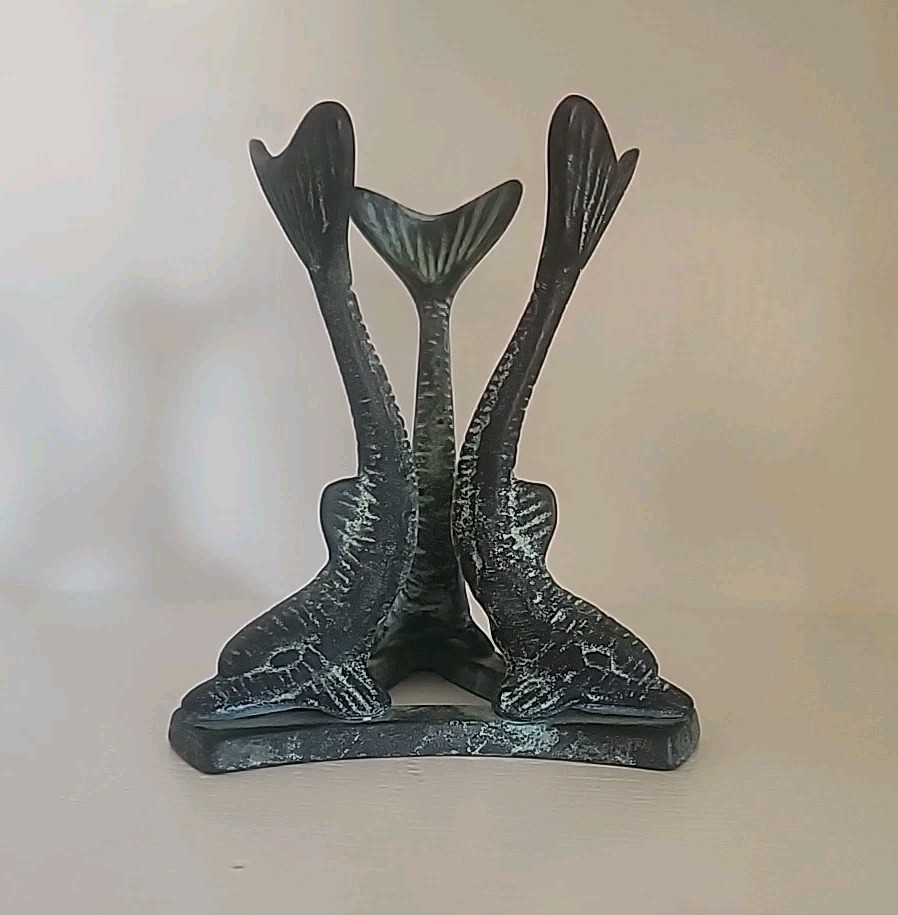 Vintage Solid Bronze Three Dolphin Orb/Candle Holder