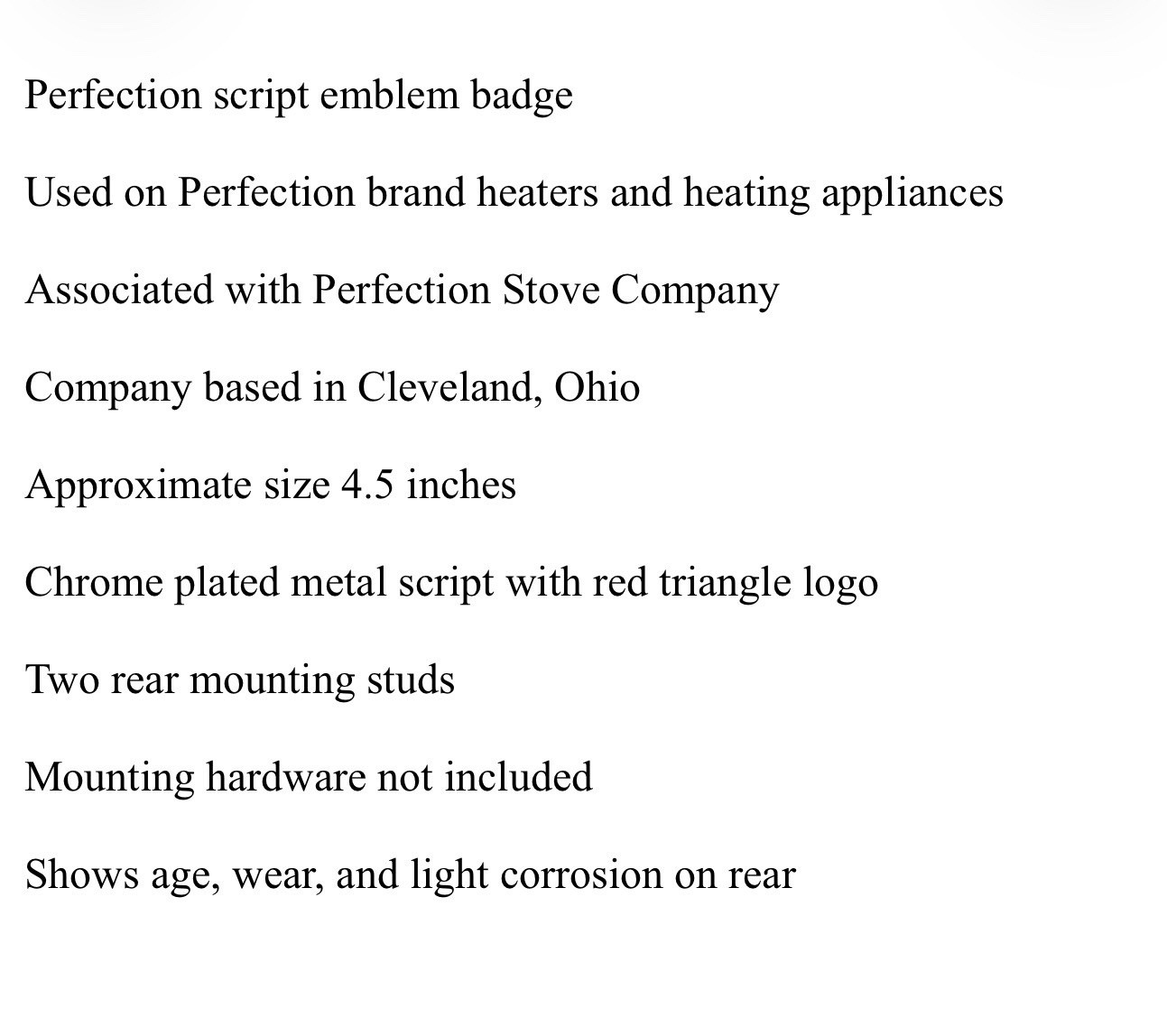 Vintage Perfection Heater Script Emblem Badge 4.5" Perfection Stove Co Cleveland