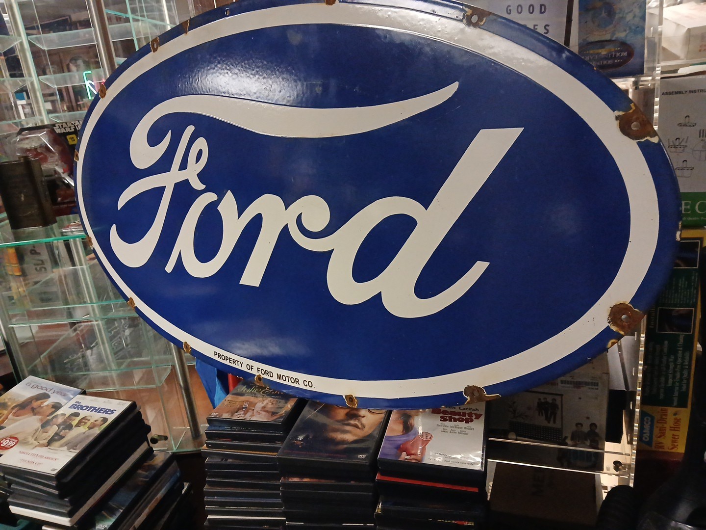 VINTAGE LARGE FORD PORCELAIN METAL SIGN 4FT CAR TRUCK AUTO DEALER SALES SERVICE