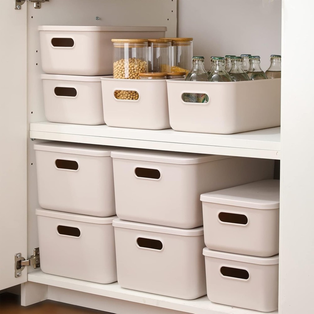 6 Piece Plastic Storage Baskets Boxes with Lids,14.4x10.2x11.8 inch Stackable...