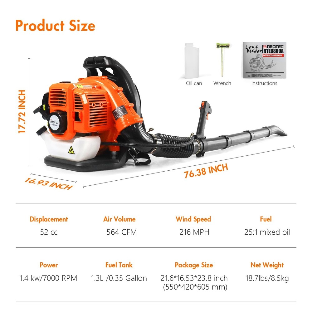 NEOTEC Backpack Leaf Blower Gas Powered Snow Blower 564 CFM 52CC 2-Stroke Engine