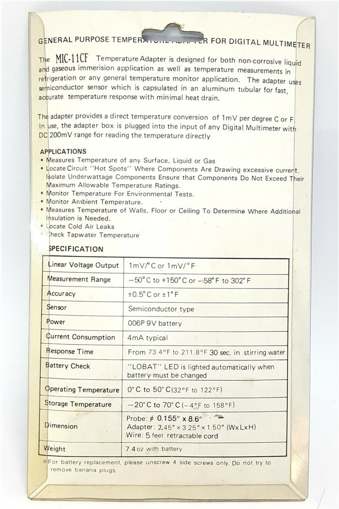 Digital Multimeter Temperature Adapter for any Surface, Liquid or Gas MIC-11CF