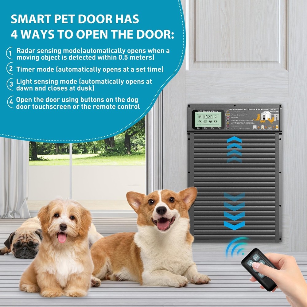 Automatic Pet Door, Dog Door Radar, Timer & Light Sensor Modes, Solar & USB R...