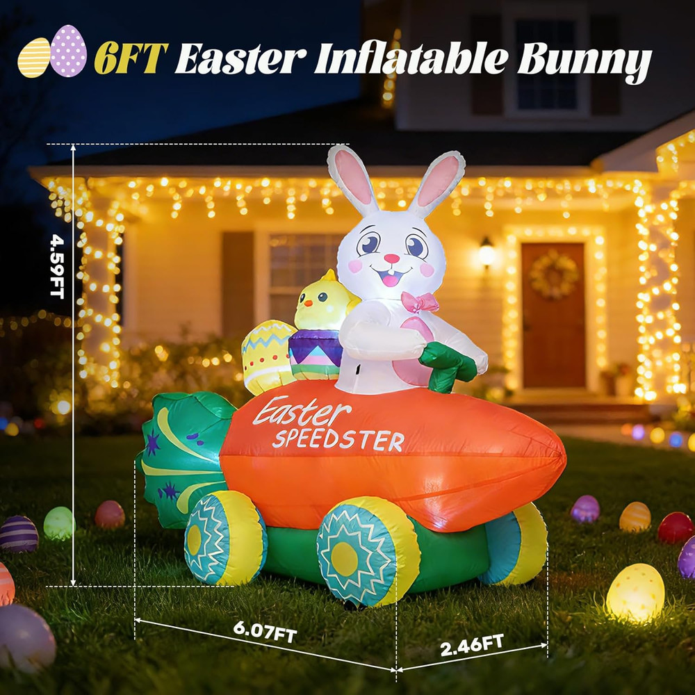 Inflatable Easter Bunny with Carrot Car and Easter Eggs, 6FT Easter Inflatables