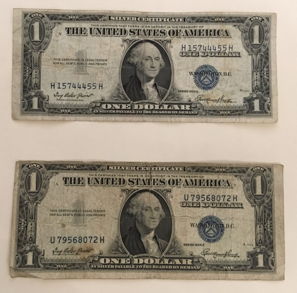 2 1935E Silver Certificate notes $1 Blue Seal # shift down misaligned error