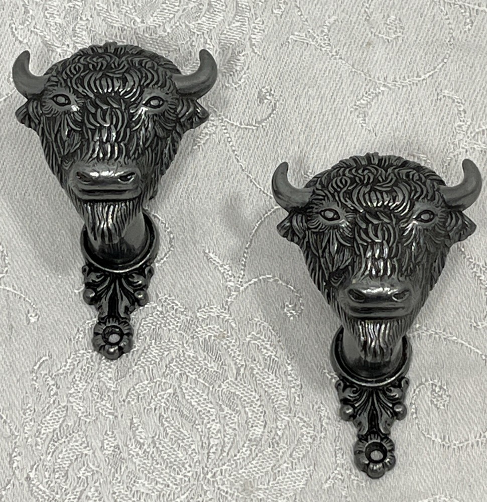 2 Buffalo Bison Wall Hook Keys Coats Single Hook Drawer Pull Pewter Ranch Spain