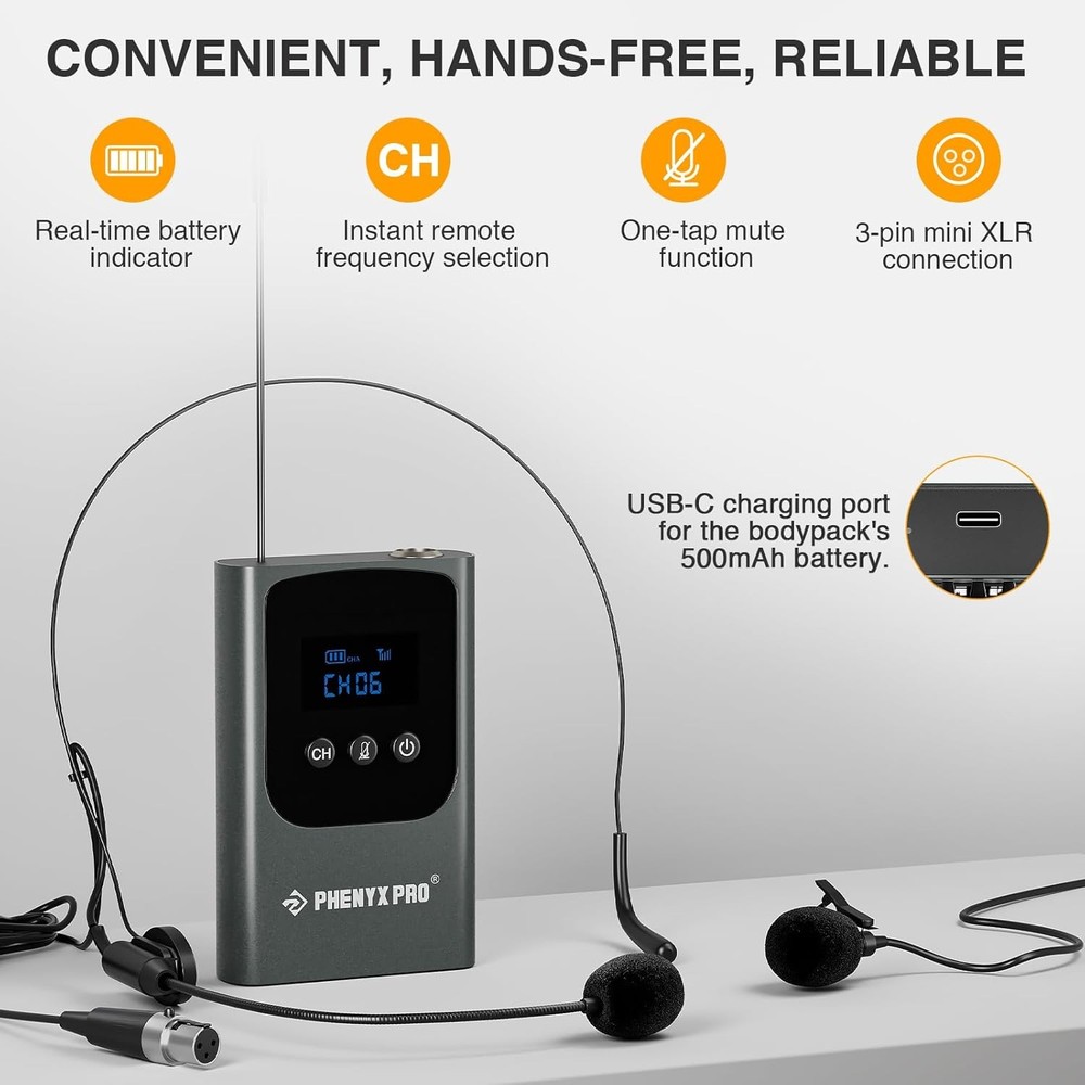 Phenyx Pro Single Digital Wireless Microphone System, w/Mini Receiver, Bodypack