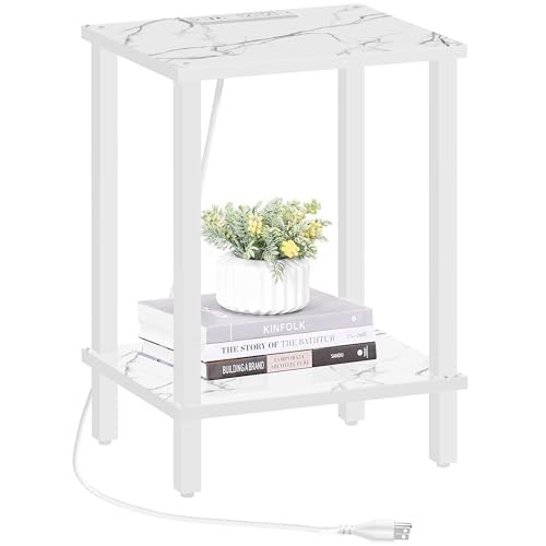 End Table with Charging Station, Small Side Table with Outlets, 1 Marble White