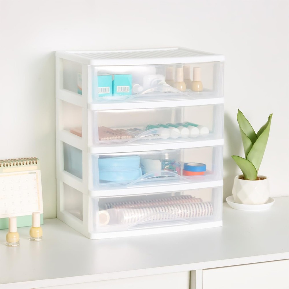 BYCY Plastic Stackable Storage 4 Drawers, White Bathroom Makeup Organizer wit...