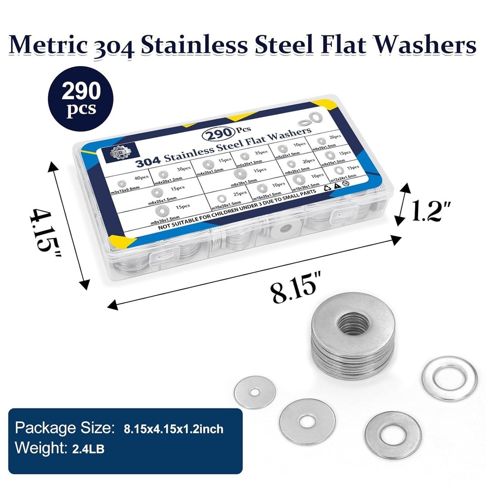 290Pcs Stainless Steel Flat Washers Assortment Kit