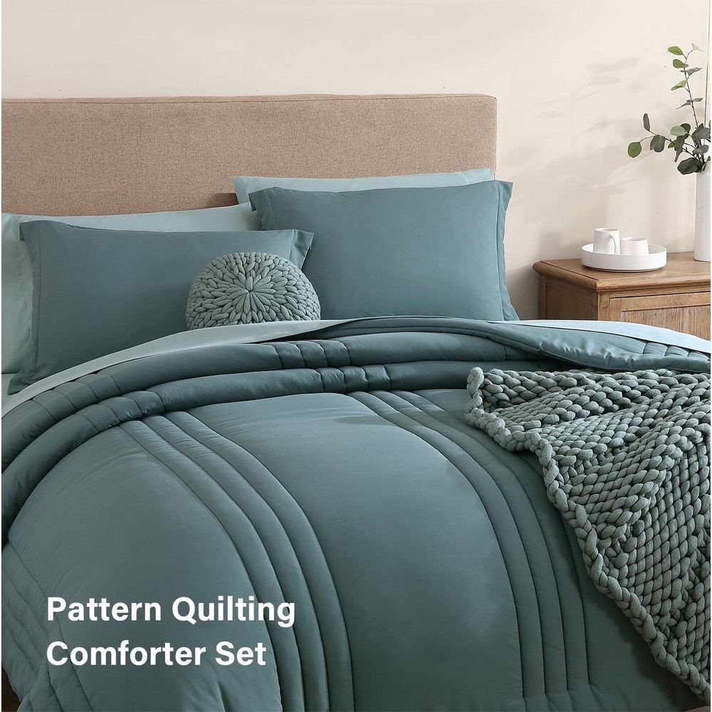 Comforter Set 7 Pieces Blue Green Solid 002 Monbix Queen Bedding Sets Comforters