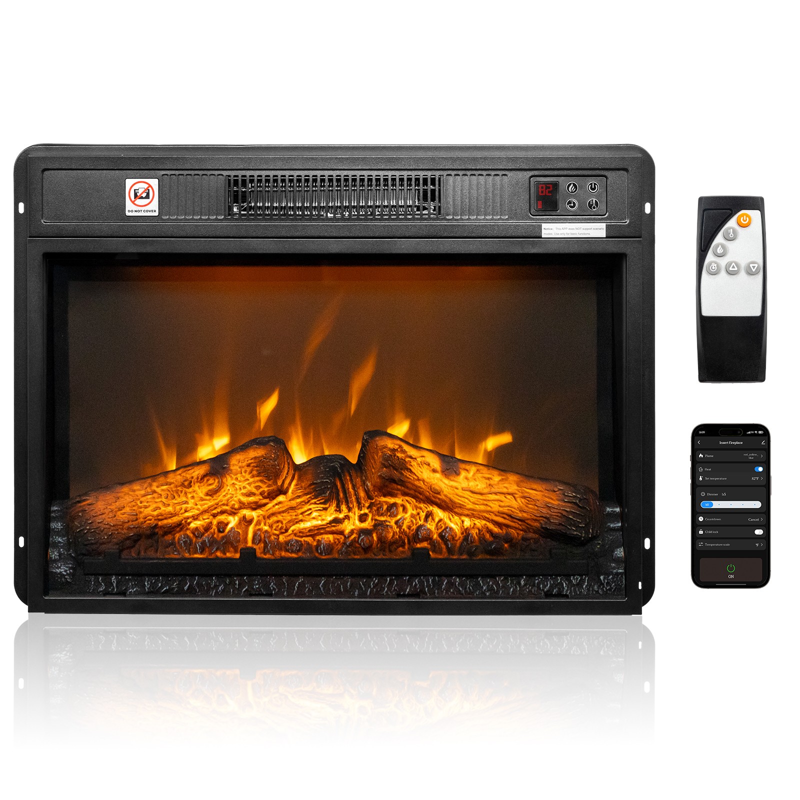 23" Electric Fireplace Insert Heater with Remote APP 6 Color Adjustable Flames