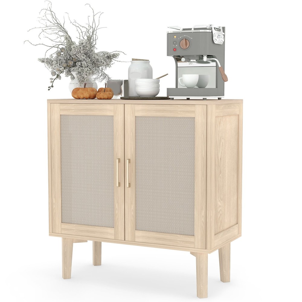 Buffet Cabinet With Rattan Decor Doors Solid Wood Feet Multifunctional PHPF