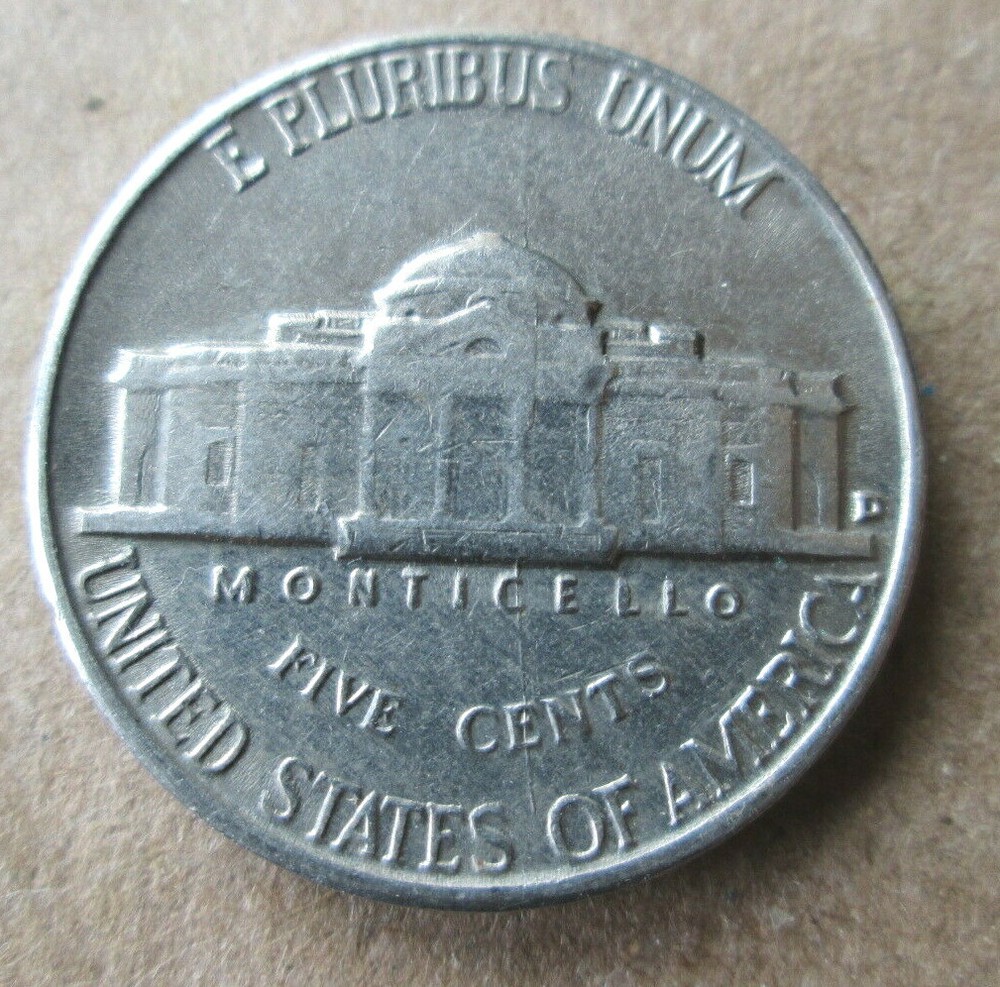 1959-D JEFFERSON, REVERSE MEDIAN BISECTING DIE CRACK ERROR, VF, CIRCULATED