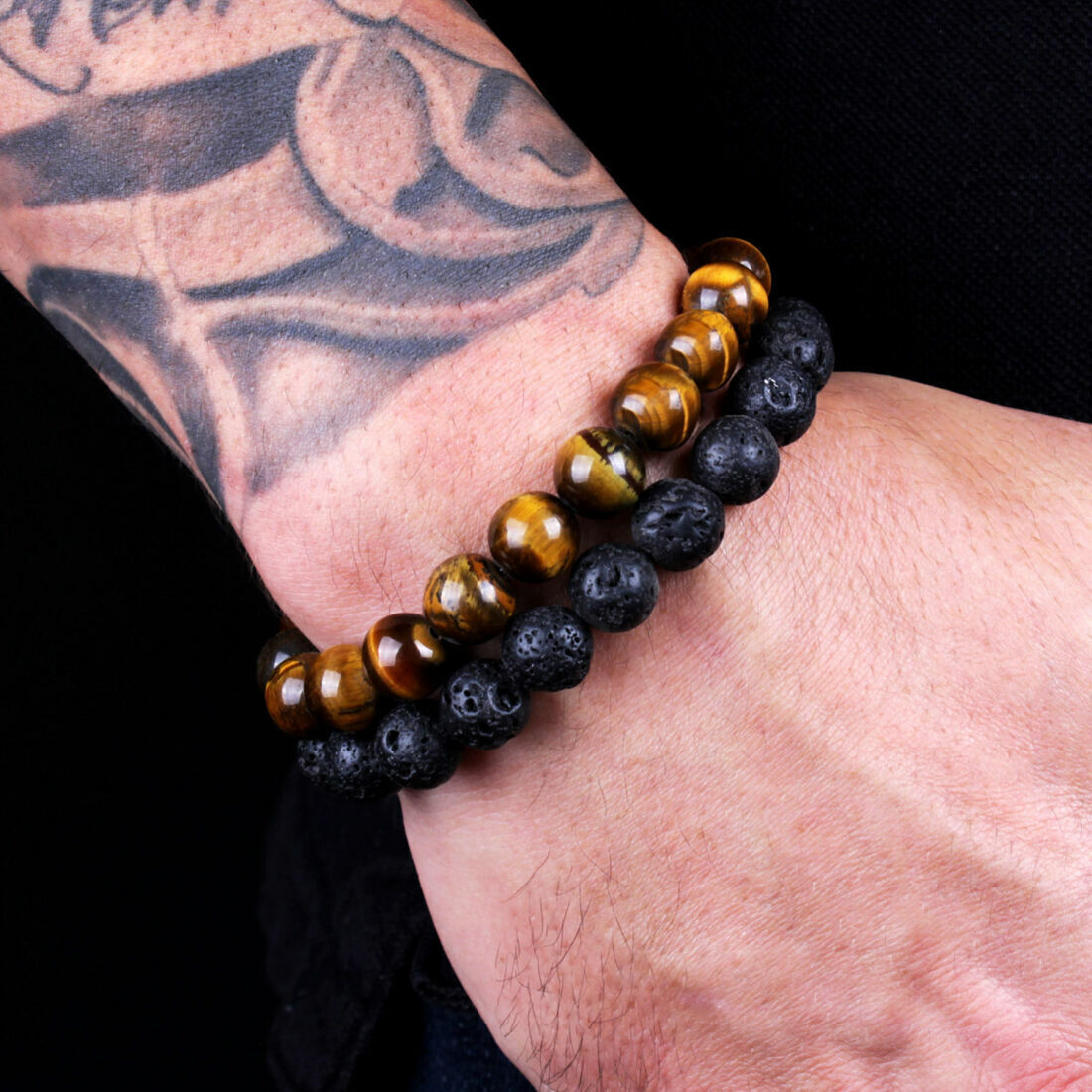 2PCS Men Bracelet Classic Lava Rock Tiger Eye Gem Stone Beaded Healing Boyfriend