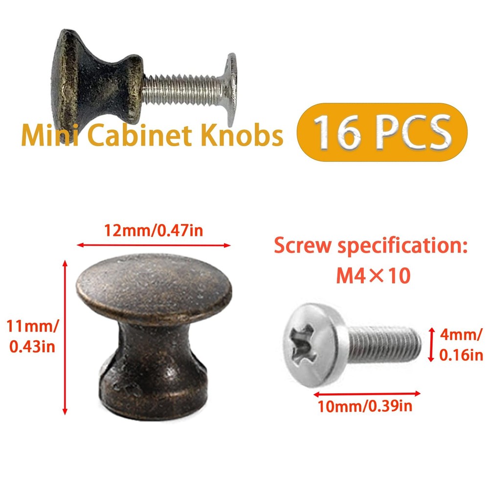 16PCS Bronze Mini Cabinet Knobs 1/2” Drawer Pulls Jewelry Box Handles