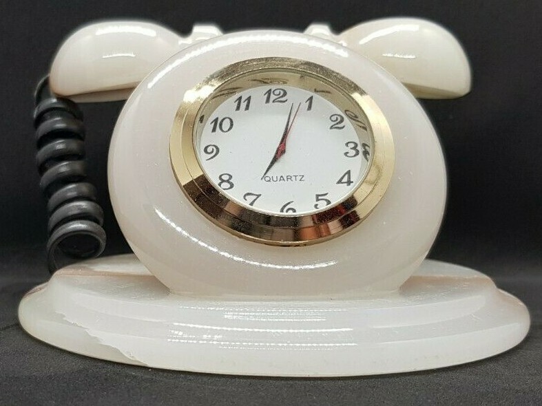 WHITE ONYX HANDCRAFTED, TELEPHONE STYLE CLOCK, 3"