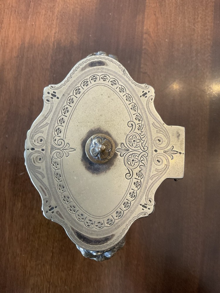 Antique Victorian Silverplate Silver Biscuit Tin / Tea Caddy Rams Head Etched