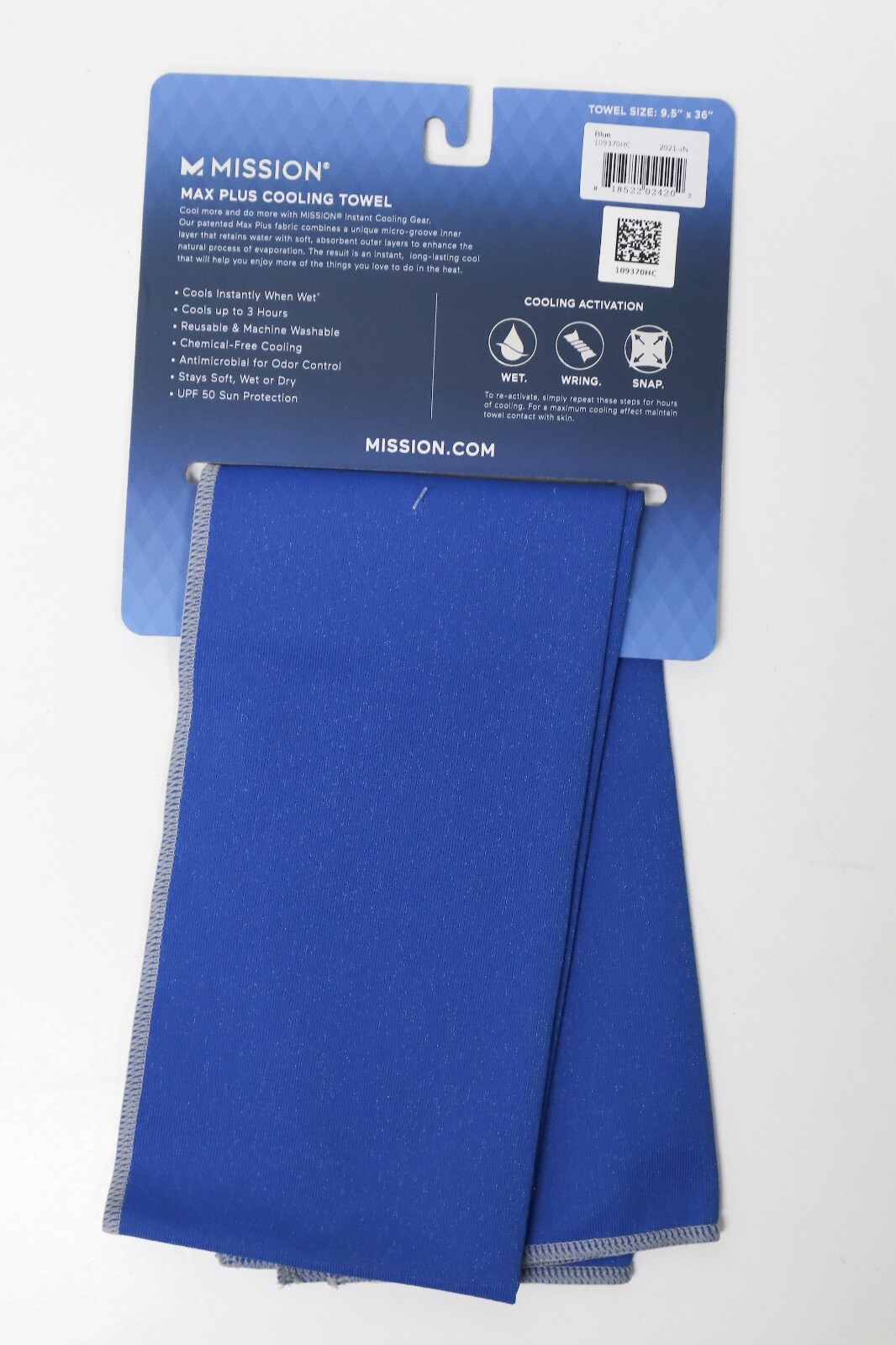 Mission Max Plus Blue Reusable Cooling Towel 9.5"x36" Wet Wring Snap UPF 50