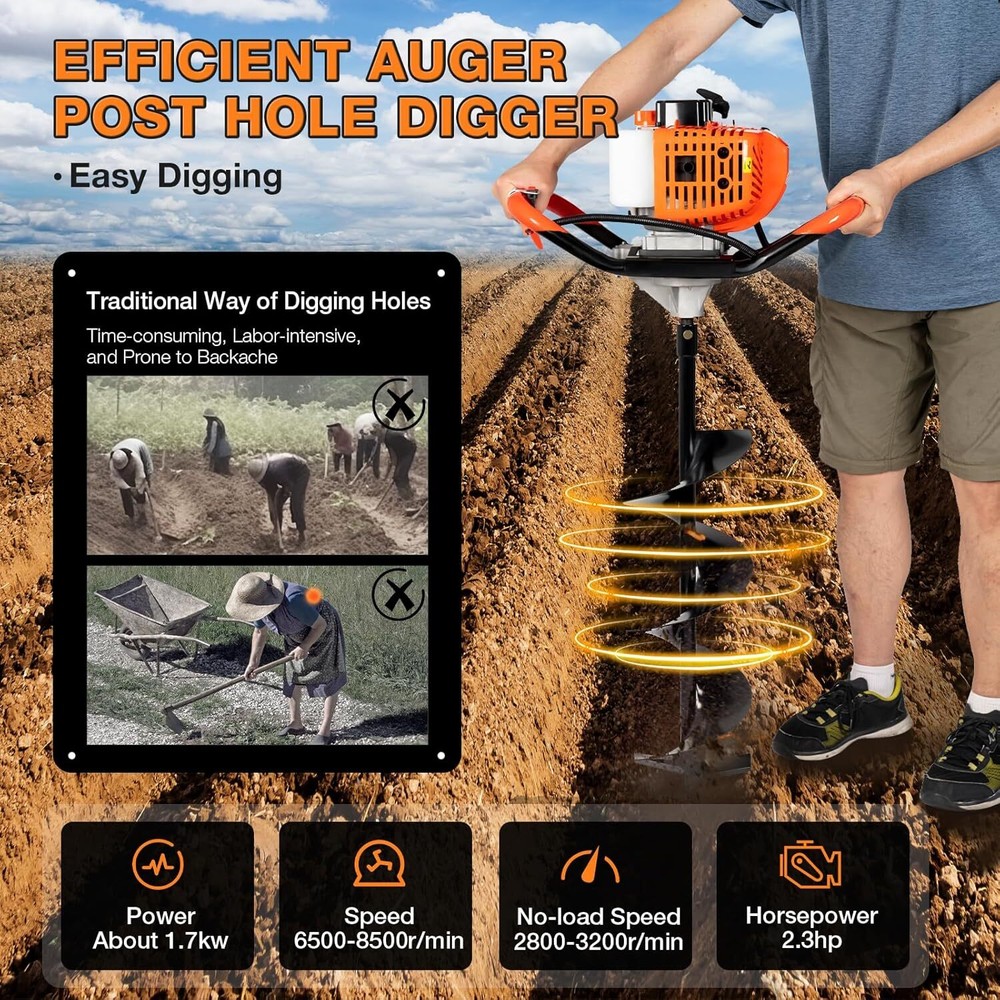 Auger Post Hole Digger 52cc-2 Stroke Digging Tool with 4'', 6" & 8" Drill Bit
