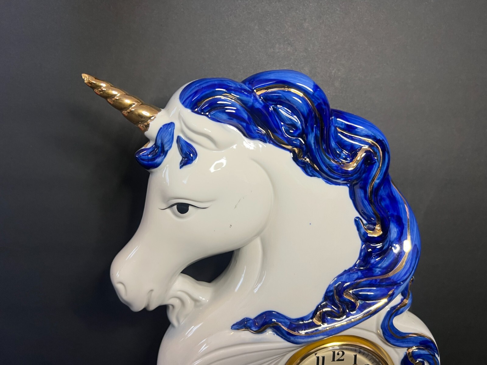 Vintage RARE Hand Painted Porcelain Blue & White Gold Unicorn Quartz Table Clock