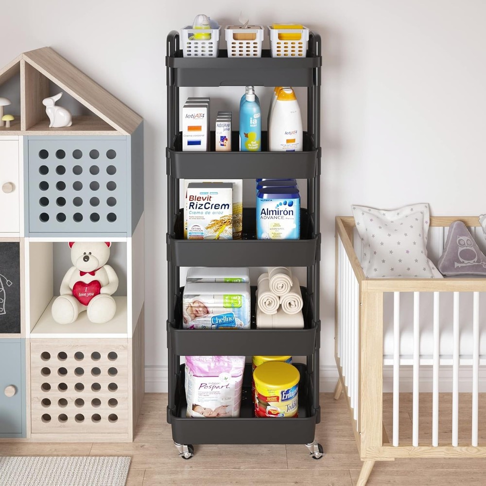 5-Tier Black Rolling Utility Cart with Drawer – Multifunctional Storage Solution