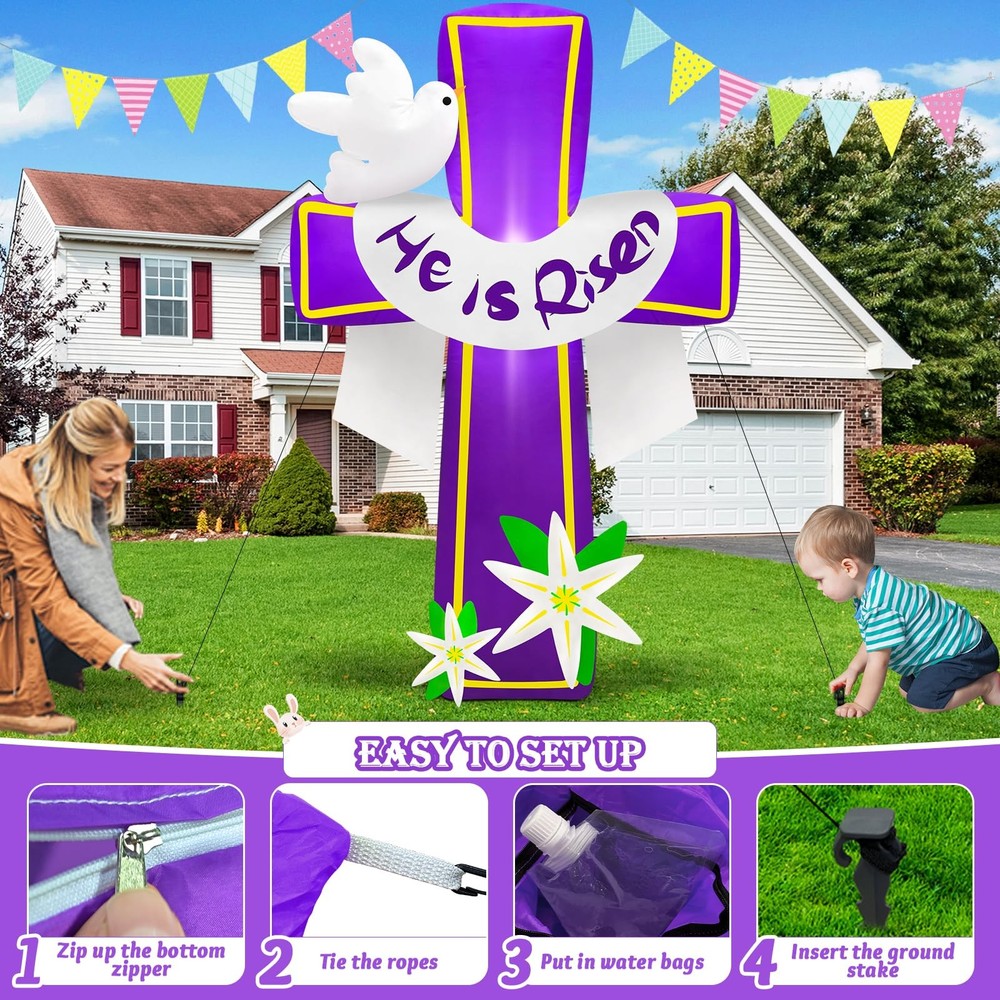 MICOCAH 4.5FT Easter Inflatables Outdoor Decorations He is Risen Inflatable Cros