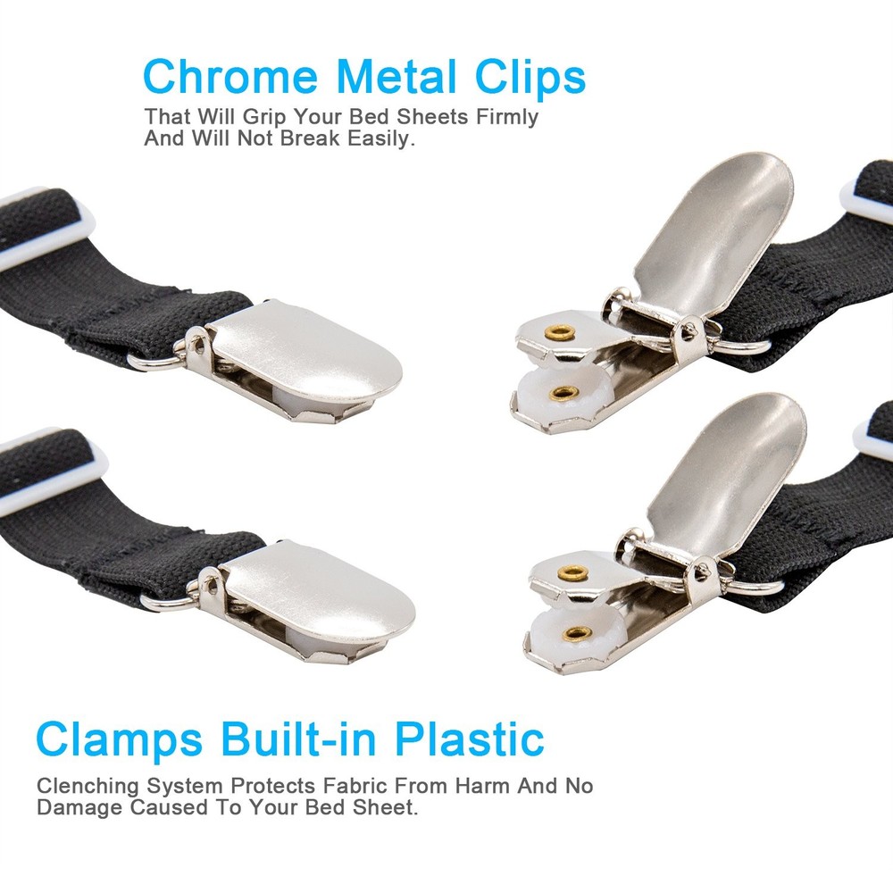 Adjustable Sheet Fasteners, 4Pcs Elastic Bands, Cushion Clips, Black