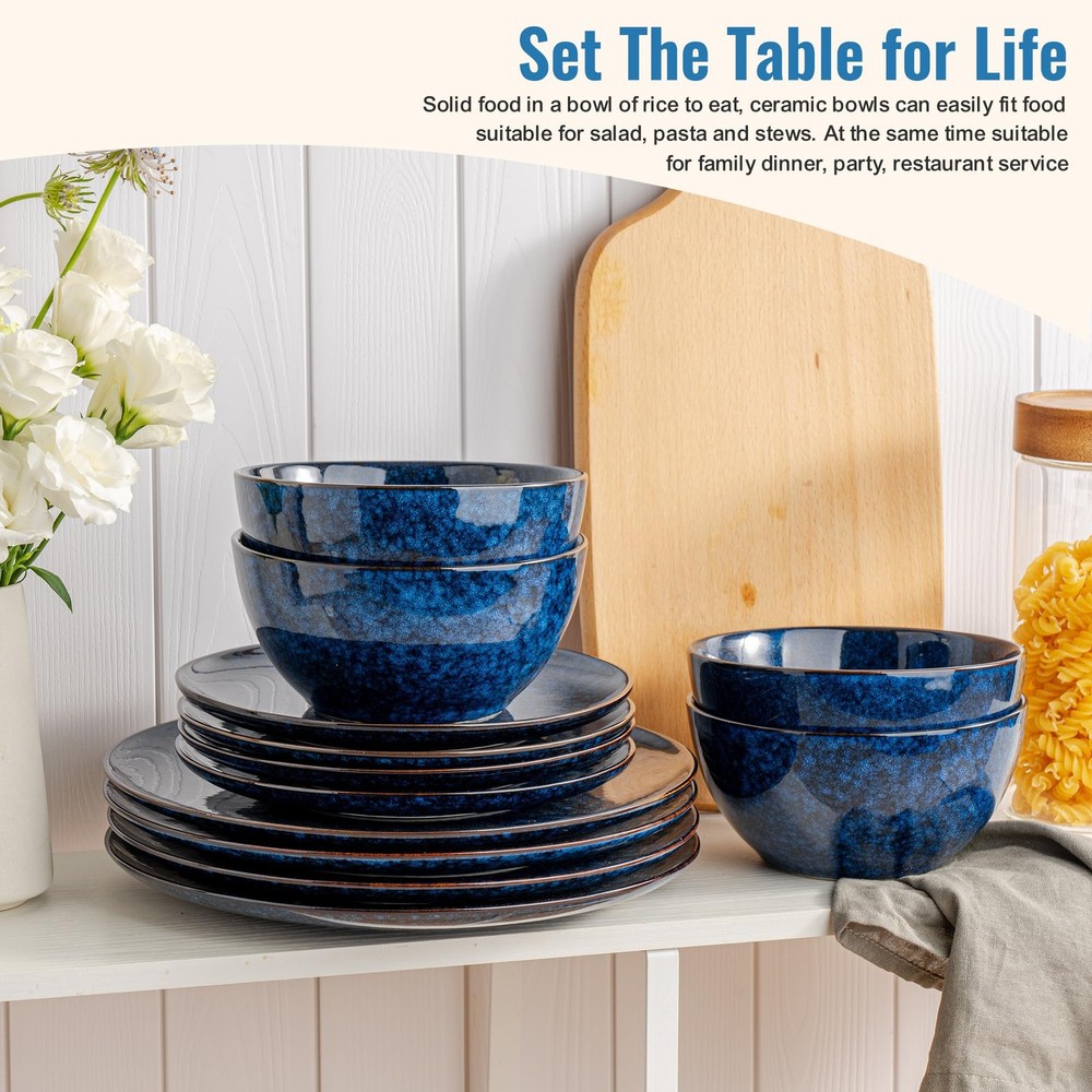 Dafuceramic Plates and Bowls Sets, 12 Pieces Dark Blue Large,