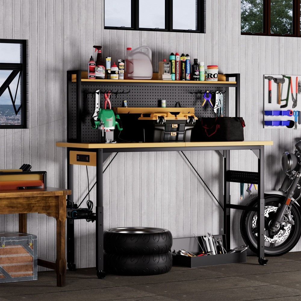71" Adjustable Work Bench Table w Pegboard Rolling Wheels AC/USB Outlets 2000LB