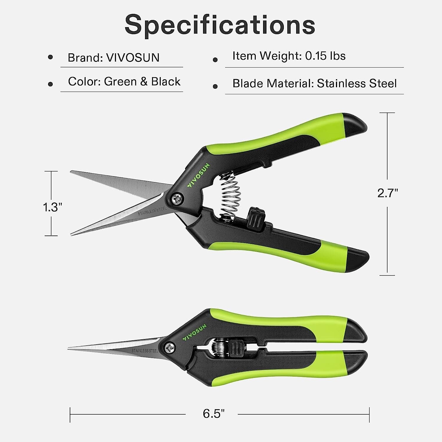 VIVOSUN 6.5" Hand Pruner Pruning Shear W/ Straight Stainless Black and Green