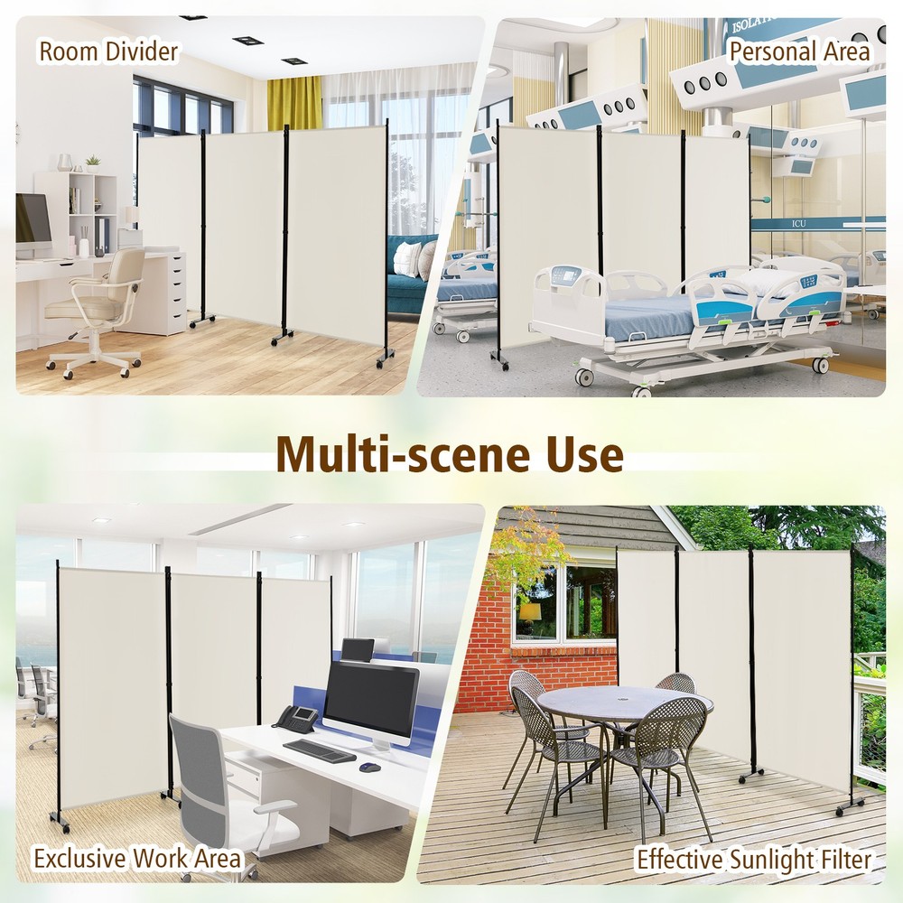 3-Panel Folding Room Divider 6' Rolling Privacy Screen w/Lockable Wheels White