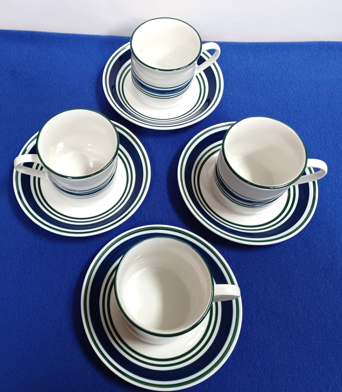 Mainstays Home Flat Cup & Saucer Sets Blue & Green Stripes Set of 4