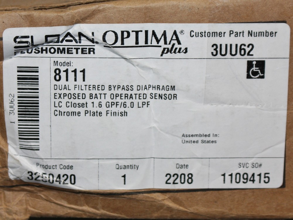 Sloan Optima Automatic Flush Valve G2 8111, 1.6 gpf Flushometer, Top Spud